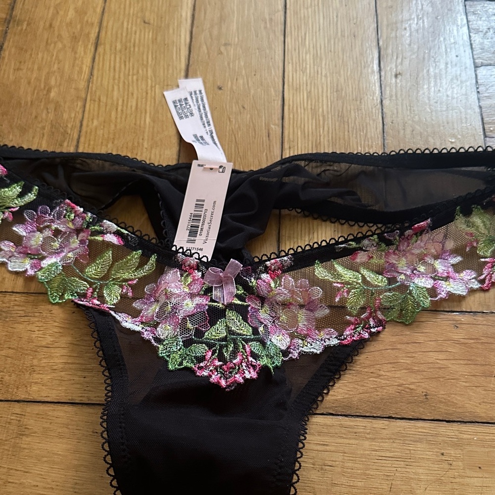 Victoria's Secret Black Thong with Pink & Green Floral Embroidery